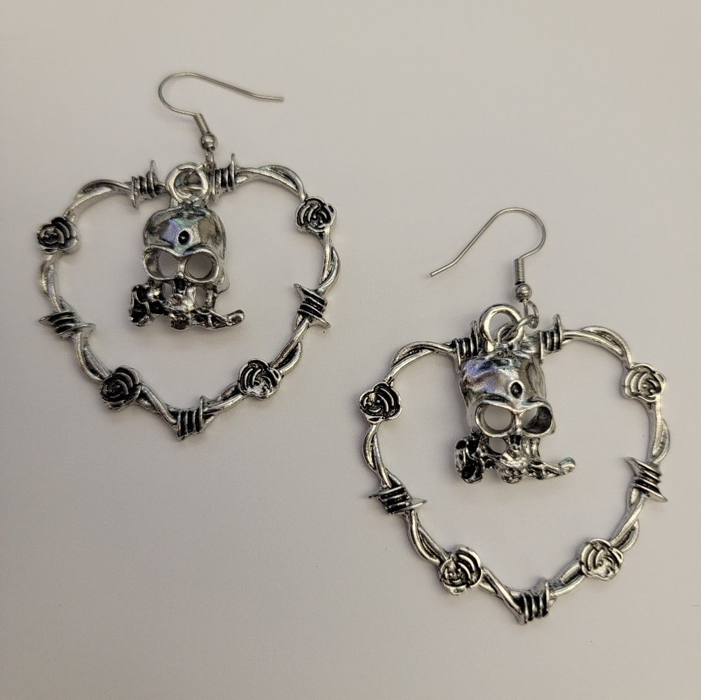 Silver Skull Heart Earrings